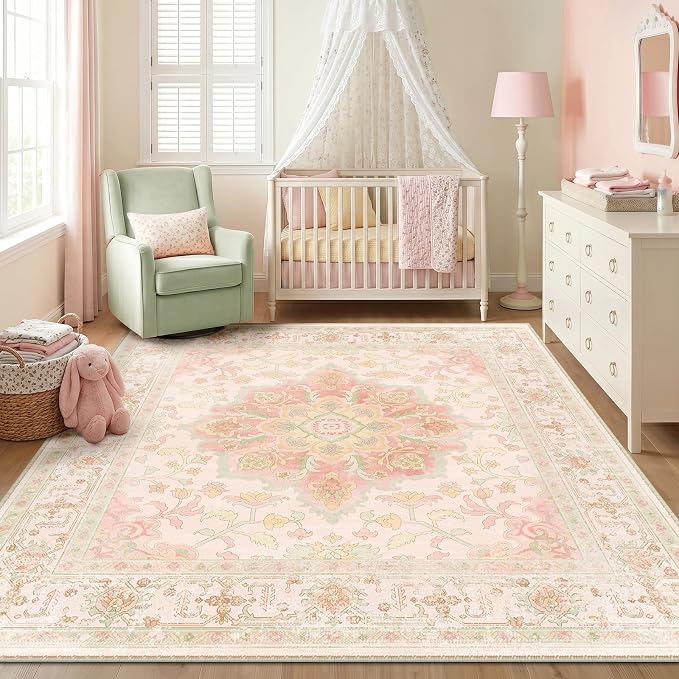 CAPALOCA Square 8ft Washable Nursery Girls Low Pile Area Rug Pink Green | Non-Slip Soft Rugs for Bedroom Kids Playroom Living Room, Print Pattern Water Repellent Carpet Indoor Decor