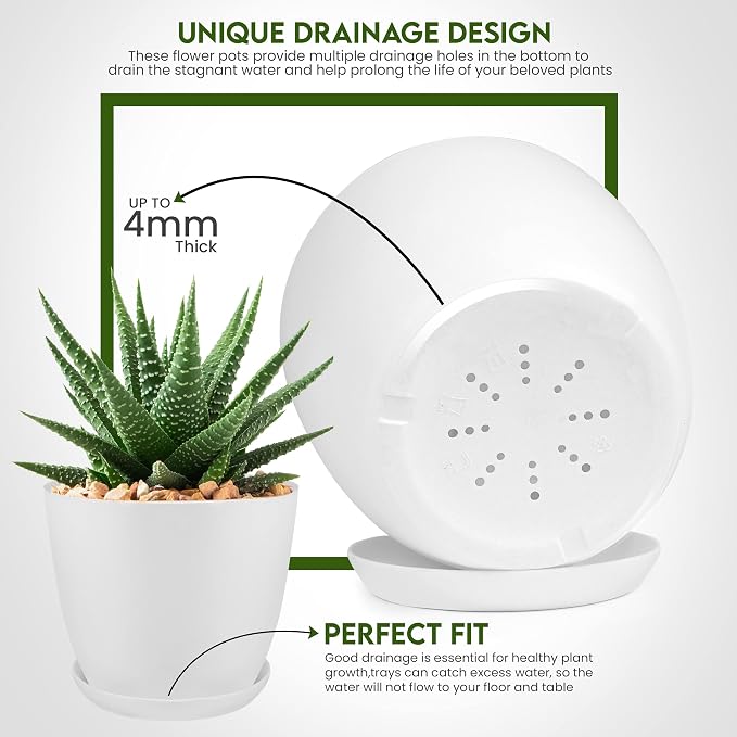 Plant Pots Indoor with Drainage, 5 Pack Multi-Size Planters Set, White | Drainage holes included Multiple sizes 7/6.6/6/5.3/4.8 In Indoor plants and flowers Durable plastic construction
