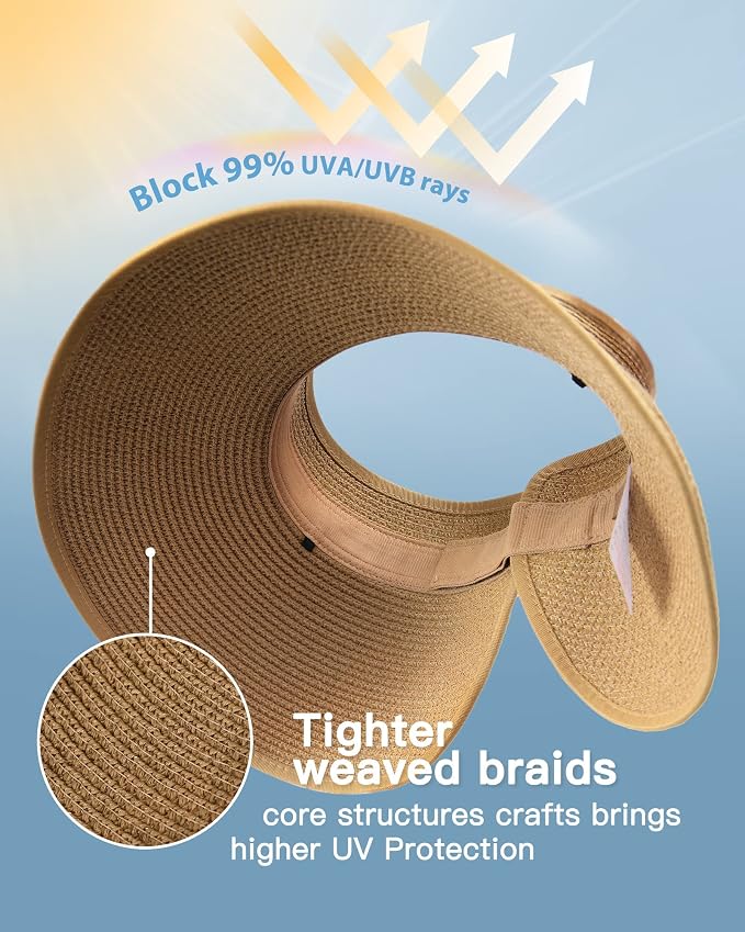 FURTALK Womens Sun Hat with Ponytail Hole Wide Brim Beach Straw Visor | Foldable & Packable for Beach Vacations, Adjustable Fit for Messy Buns, Detachable Windproof Strap, Sweat-Wicking Inner Band