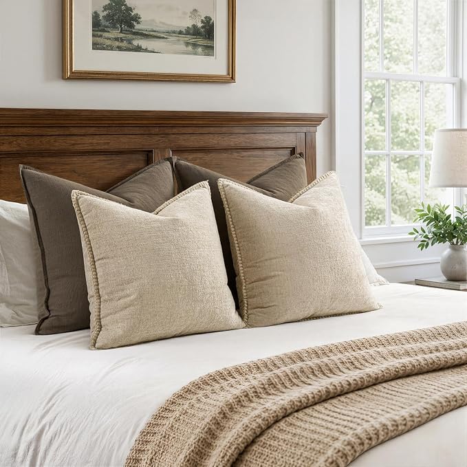 MIULEE Decorative Couch Throw Pillow Covers 22x22 Inch Beige 2 Pack | Neutral Farmhouse Pillow Covers with Stitched Edge, Soft Chenille Cushion Cases, for Sofa Bed Living Room Home Decor
