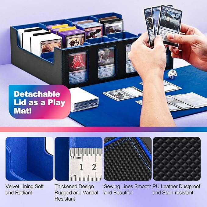 UAONO Trading Card Storage Box with Commander Display; 2400+ Deck Box for MTG with Removable Cover; Top Loaders Card Case fits Magic TCG PTCG Sports Cards; 24 Dividers, 4 Stoppers (Black, Blue)