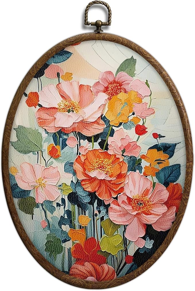 Abstract Colorful Floral Oval Wall Art, Bright Spring Flower Botanical Oval Framed Wall Art, Waterproof Cottage Core Home Decor for Western Farmhouse Bedroom Living Room, Home Retro Decor Products, 24