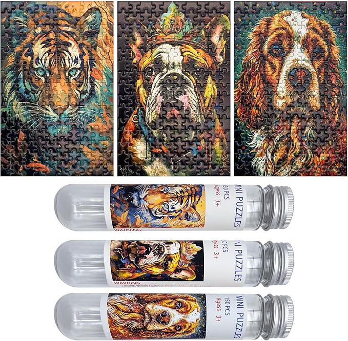 150 Pieces Mini Jigsaw Puzzles for Adults & Kids,6 x 4 Inches,Mini Puzzles,Travel Puzzle,Small Puzzles Challenging Difficult Puzzle,3 Pack Colorful Animals