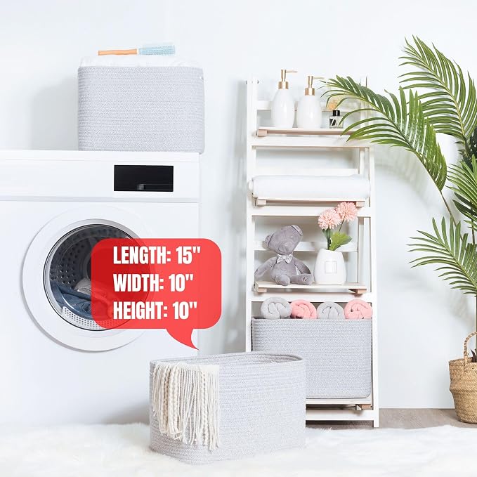 3-Pack Decorative Woven Storage Baskets for Shelves, Cube Bin Box for Organizing Books, Shoes, Dog Toys, Pantry Closet and Living Room Organizer, Light Gray Mix