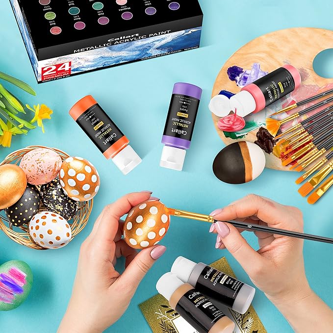 Caliart Metallic Acrylic Paint Set with 12 Brushes, 24 Colors (59ml, 2oz) Art Craft Paints for Adults Artists Beginners Painters, Canvas Halloween Pumpkin Ceramic Wood Fabric Rock Painting Supplies Kit