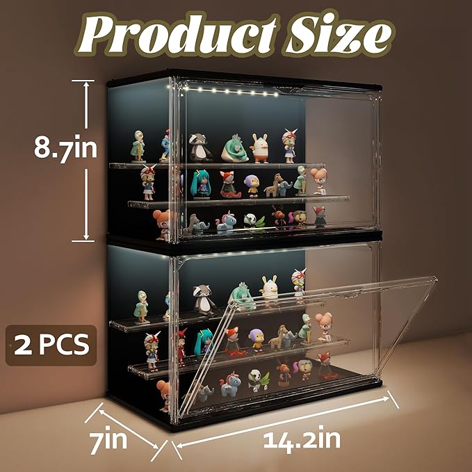 2PCS Clear Display Case for Collectibles, 3-Tier Adjustable Display Case with Led Light,Stackable Storage Bins with Magnetic Door for Jewelry (Black)