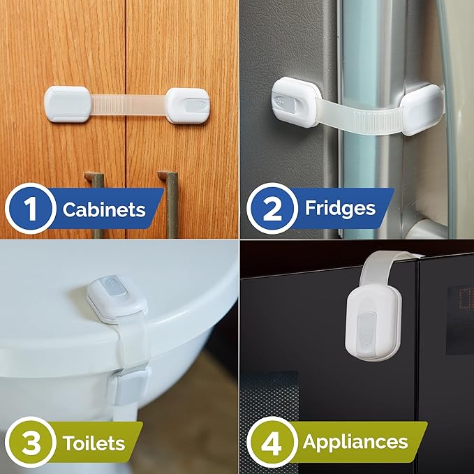 Child Safety Strap Locks (12 Pack) Baby Locks for Cabinets and Drawers, Toilet, Fridge & More. 3M Adhesive Pads. Easy Installation, No Drilling Required, White/Gray