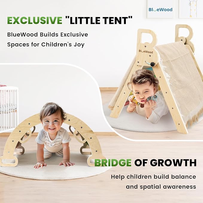BlueWood Pikler Triangle Set with Safe Handle, Foldable 7-in-1 Montessori Toddler Climbing Toys Indoor, Wooden Pickler Climbing Set, Baby Jungle Gym & Playground, Climbing Toys for 1-3 Year, Rainbow