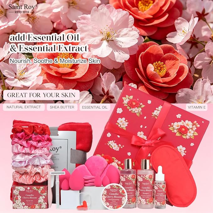 35Pc Birthday Gift for Women, Cherry Blossom Rose Bath and Body Basket Gift | Spa Gift Basket, Face Skin Care Kit, Home Spa Self Care, Lip Gloss, Birthday, Christmas, Mother, Bridal Shower, Anniversary