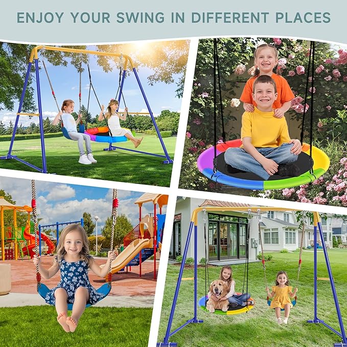 2-in-1 Swing Set for Backyard for Kids, with 1 Platform Swing, 1 Belt Swing, 440lbs Metal Swing Set for Toddler, Heavy-Duty Swing Stand w/8 Ground Stakes, Outdoor Swingset for Kids Adults (Blue)