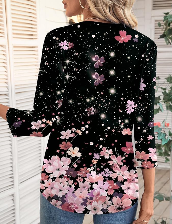 LOMON 3/4 Length Sleeve Womens Tops Spring Summer Fashion 2026 Tops Crew Neck Pleated Shirts Tunic Top Loose Fit