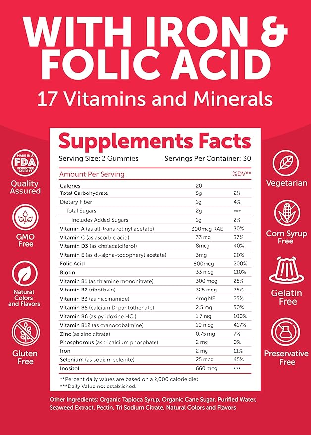 Lunakai USA Made Prenatal Vitamins with Iron & Folic Acid - Delicious Pregnancy Multivitamin Gummies for Women, 3 Pack