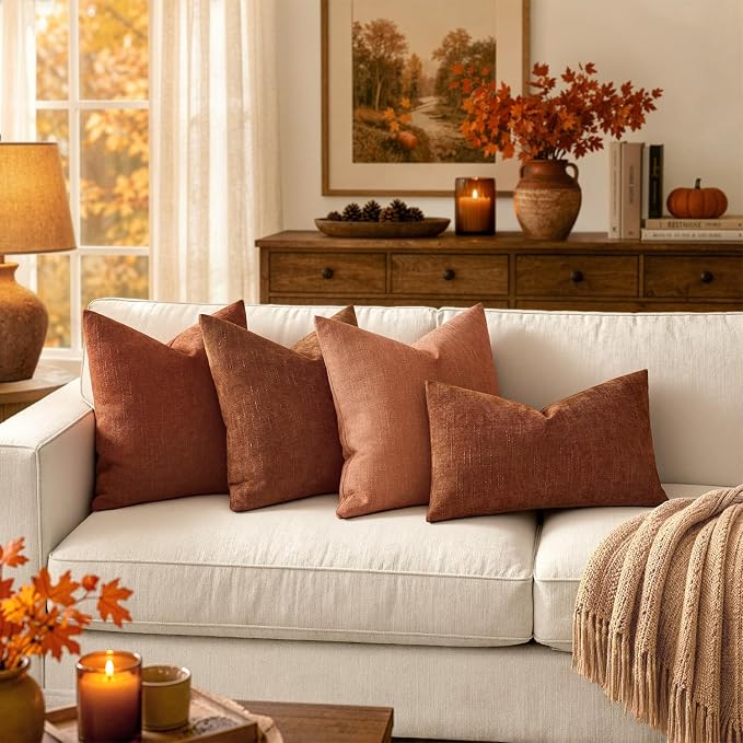 MIULEE Pack of 2 Decorative Linen Burlap Textured Pillow Covers Fall Farmhouse Boho Accent Pillowcases for Sofa Car Couch Bedroom Living Room Decor 18x18 Inch Rust