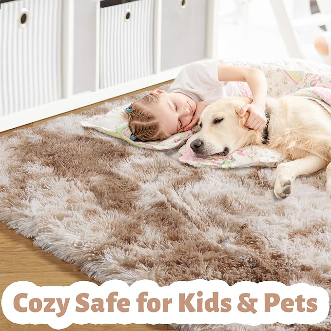 Amdrebio Beige Tan Furry Plush Area Rug 5x7 for Bedroom Living Room Nursery | Shag Cozy Thick Fluffy Shaggy Khaki Carpet, Classroom Playroom Dorm Home Office Decor, Neutral Aesthetic, Baby Kids Corner