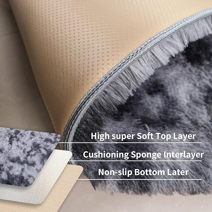 3x5 Tie-dye Dark Grey Fluffy Shag Rug for Bedroom, Plush Washable Carpet | Area Rug for Living Room, Kids Nursery, Dorm Room, Non Slip Shaggy Floor Carpet