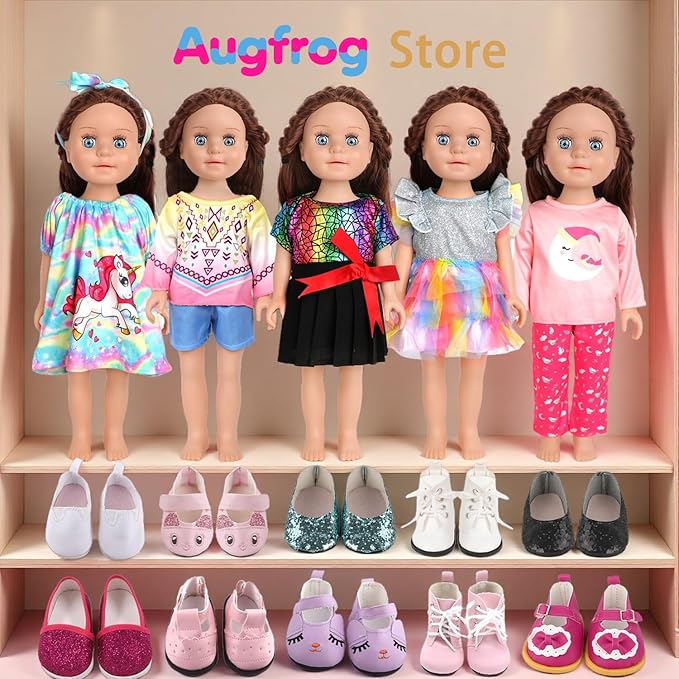 7-Set Doll Clothes & Shoes for 17-18 Inch Dolls / 11-Piece Outfits (Unicorn Dress, Pajamas, Glitter Shoes & More)
