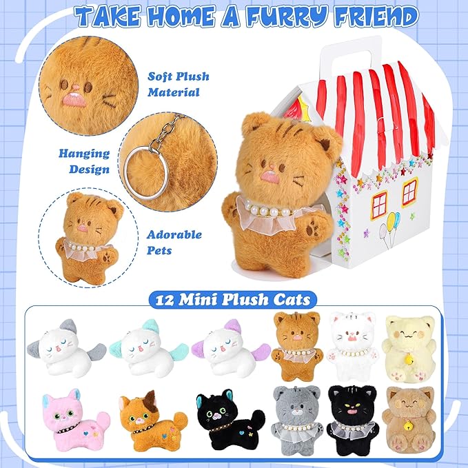 31 Pieces Adopt a Cat Party Favors 12 Mini Plush Stuffed Cats with Keychain Include Adopt a Cat Sign DIY White Cats House, Paint, Brushes & Stickers for Birthday Xmas DIY Craft Party Gifts