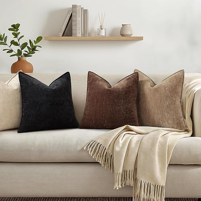 decorUhome Chenille Black Velvet Throw Pillow Covers 20x20 Set of 2 | Fall Soft Couch Decorative Modern Farmhouse Pillow Cases with Elegant Design for Sofa Bed Living Room Home Decor
