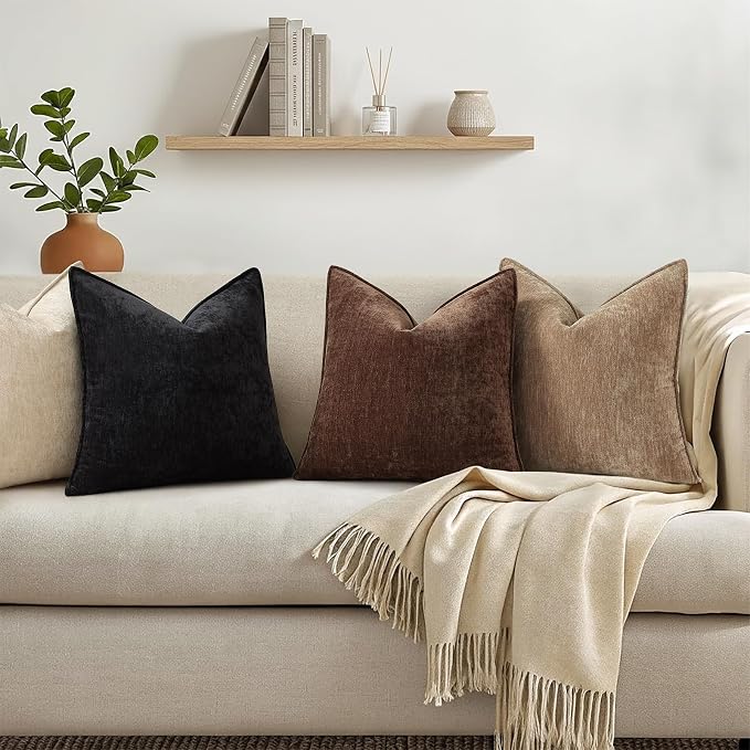 decorUhome Chenille Brown Velvet Throw Pillow Covers 26x26 Set of 2 | Fall Soft Euro Sham Couch Decorative Modern Farmhouse Pillow Cases with Elegant Design for Sofa Bed Living Room Home Decor