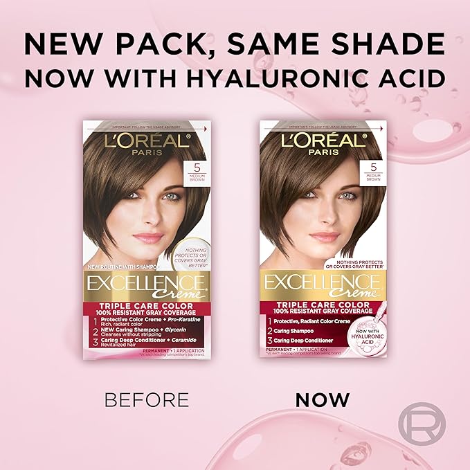 L'Oreal Paris Excellence Crème Permanent Hair Dye, Triple Care Hair Color with Hyaluronic Acid for 100% Gray Coverage, 5 Medium Brown, 1 Kit (Packaging May Vary)
