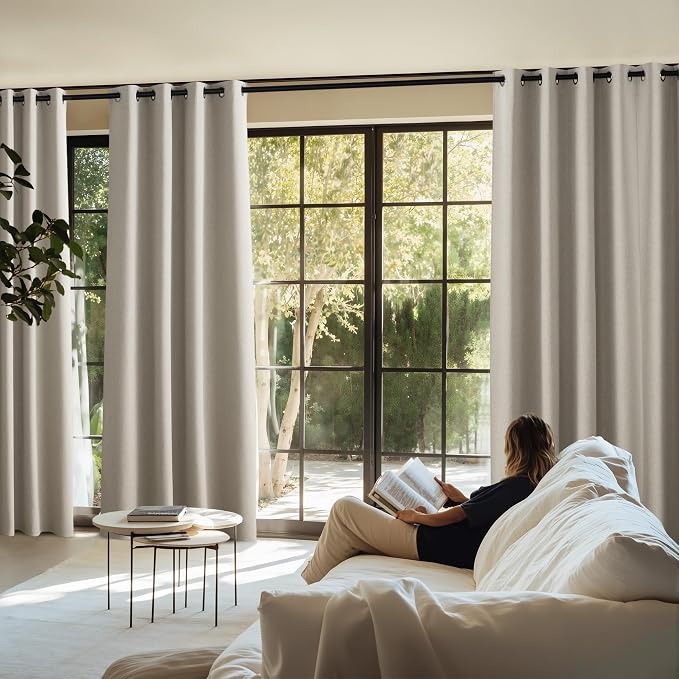 NICETOWN 100% Blackout Linen Curtains 96 inches Long, Crisp Faux Linen Curtains for Living Room, Bedroom, 2 Panels, 52" Wide, Farmhouse Style Thermal Insulated & Privacy Protection Draperies, Natural