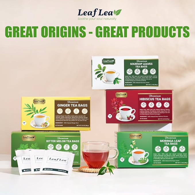 LeafLea Ginger Tea Bags, Pure Ginger Root Herbal Tea, 40 Count | Strong & Spicy Single-Ingredient Brew, Individually Foil-Wrapped For Freshness, Caffeine-Free, Sugar-Free, Vegan