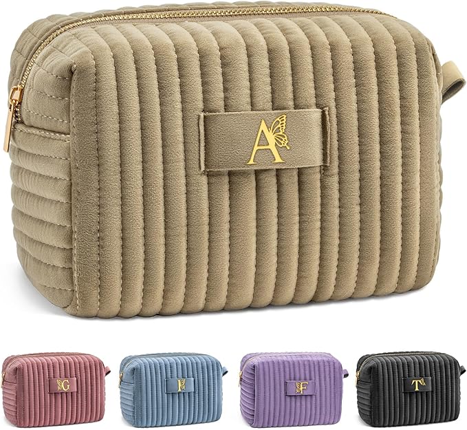 COSHAYSOO Personalized Christmas Birthday Gifts for Mother in Law from Daughter Taupe Beige Initial Makeup Bags Woman Cosmetic Travel Pouch, God Mother of Bride Groom Proposal Gift Letter A