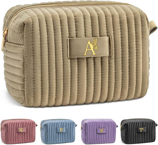 COSHAYSOO Personalized Christmas Birthday Gifts for Mother in Law from Daughter Taupe Beige Initial Makeup Bags Woman Cosmetic Travel Pouch, God Mother of Bride Groom Proposal Gift Letter A