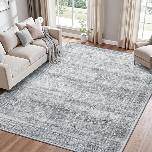 6x9 Area Rug for Living Room Bedroom, Non-Slip Washable Grey Carpet | Soft Neutral Rugs for Dining Room Home Office Indoor Nursery, Stain Resistant, Low Pile, Foldable, Vintage Distressed Rug