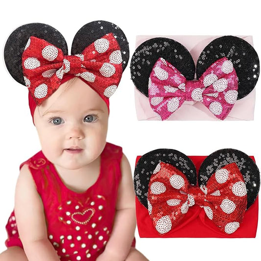 2Pcs Red Baby Girl Large Mouse Ears Dot Headbands with Sequin Bow, Wide Nylon Turban Hairband, Theme Park Headwear, Hair Bow Headband for Toddler, Kids, Party Supplies