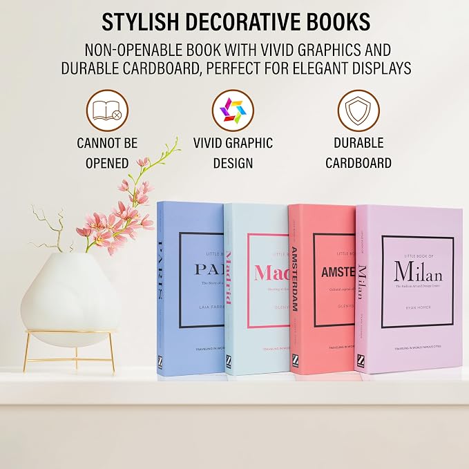 4 Pcs Decorative Books | Faux Pastel Coffee Table & Shelf Decor | Soft Muted Look for Living Room, Office and Entryway - Not Real, Tool-Free 2-Min Setup