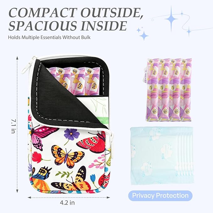 KJQJLY 2 Pack Portable Tampon Organizer Bag Tampon Holder & Storage Case with Zipper for Travel, Discreet Period Bag for Purse, Waterproof Feminine Products Pouch for Women (Butterfly)