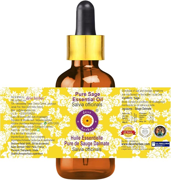 Deve Herbes Pure Sage Essential Oil (Salvia officinalis) with Glass Dropper Steam Distilled 50ml (1.69 oz)