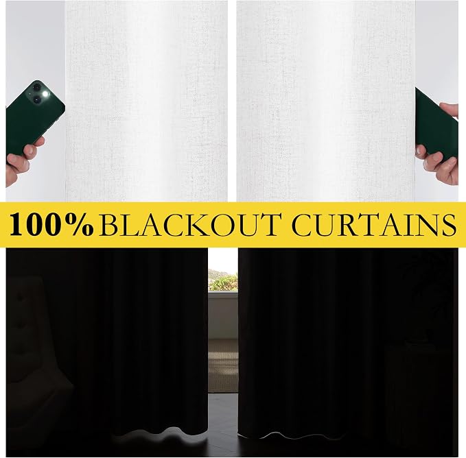 NICETOWN 100% Blackout Curtains with Grey Liner, Rod Pocket & Back Tab Thermal Insulated Flax Textured Full Light Blocking Window Draperies for Kitchen (Greyish White, 2 Panels, 42" W by 63" L)