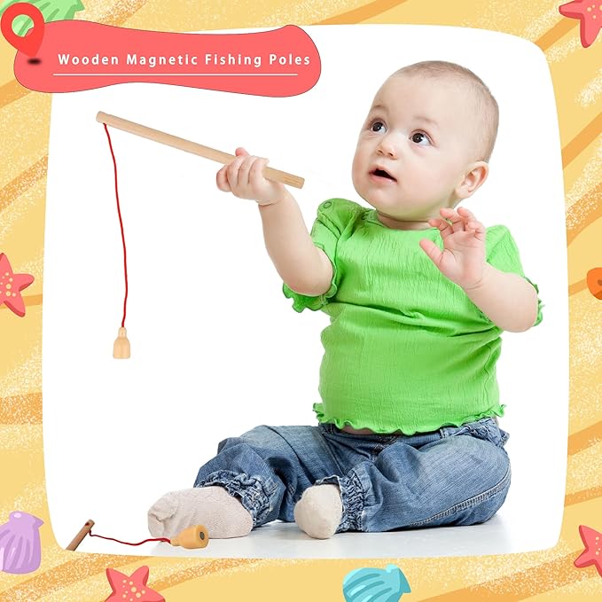 40 Pcs Magnetic Fishing Rod Wooden Magnetic Fishing Poles Mini Fishing Pole Toys for Preschool Girl Boy Pool Activity Accessory (Color Set 1)