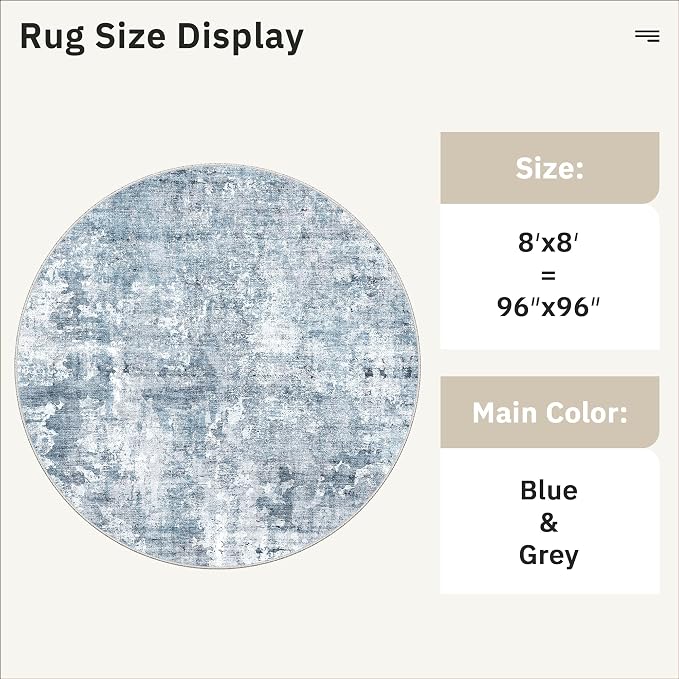 Soalmost Round Rugs 8ft Living Room Circle Area Rug 8x8 Blue/Grey Vintage | Washable Non Slip Abstract Carpet for Apartment, Dining Bedroom, Soft Low Pile Stain Resistant Foldable Floor Mat Entryway