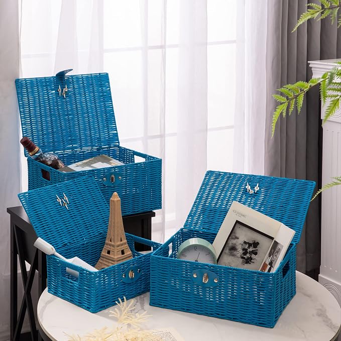 Set of 3 Woven Wicker Storage Basket Box with Lids & Lock, Built-in Carry Handles, Multifunctional Storage Organizer for Nursery, Baby, Clothes, Toys, Books, Large/Medium/Small Size (Blue)