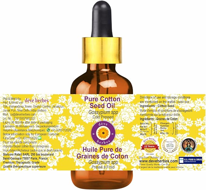 Deve Herbes Pure Cotton Seed Oil (Gossypium spp) with Glass Dropper Cold Pressed 30ml (1 oz)