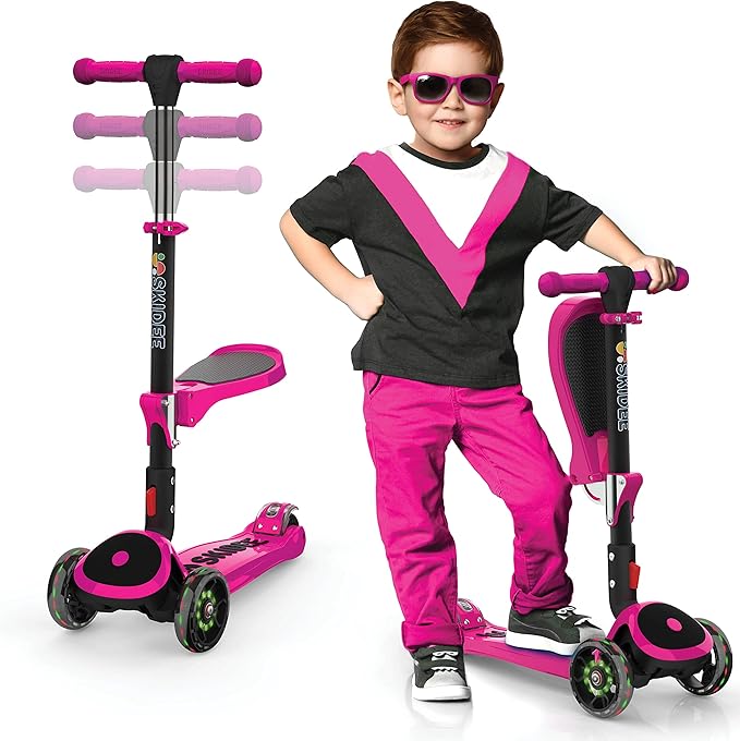 SKIDEE Kick Scooter for Kids Foldable 3 Wheel Scooter with Lean-to-Steer, Adjustable Height, Removable Seat & LED Light Wheels | Toddler Scooter Up to 12 Year Old Boys/Girls