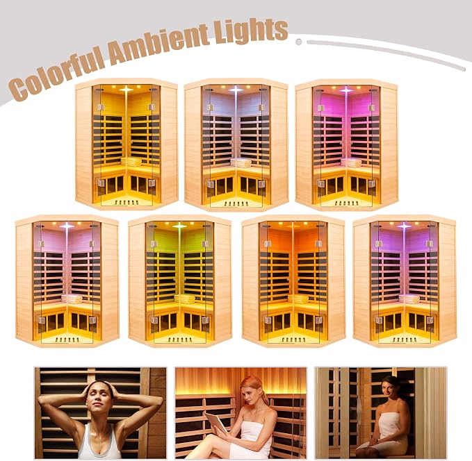2 Person Far Infrared Sauna 0-5mG Ultra Low EMF 1520W Indoor Sauna Canadian Hemlock Wood Sauna for Home with APP Control, LCD Control Panel, Chromotherapy Lights, Constant Temperature Cover