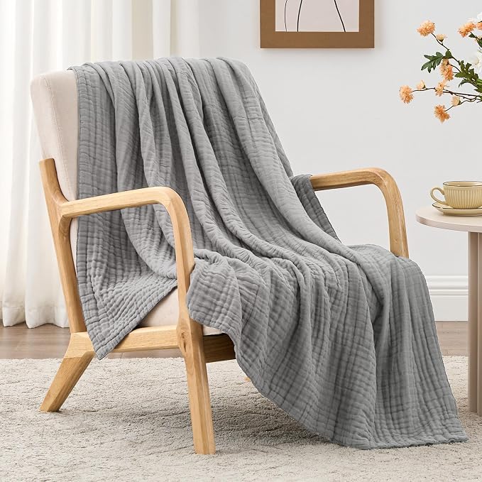 Love's cabin 100% Cotton Muslin Blanket, 6 Layer Lightweight Breathable Gauze Throw Blanket 50 x 60 Inches, Soft All Season Blanket for Couch, Bed, Sofa, Medium Grey