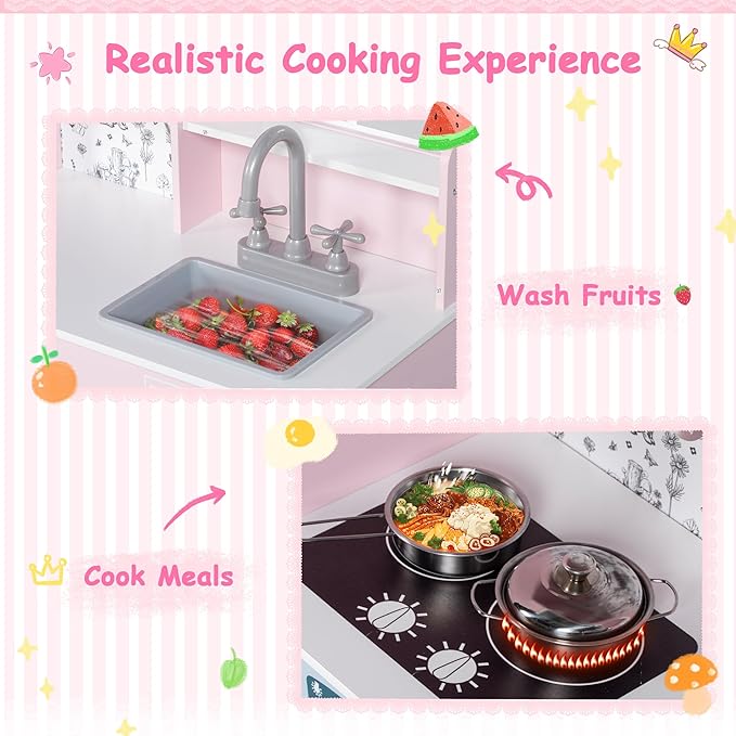 BRINJOY Play Kitchen for Kids, Wooden Kids Kitchen Playset w/Faucet, Sink, Stove, Oven, Window, Cookware, Storage Cabinets, Toddler Role Play Kitchen Pretend Play Toy Set Gift for Girls Boys Ages 3+