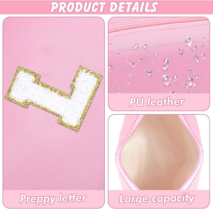 URSKYTOUS Initial Makeup Bag for Women Travel Small PU Leather Cosmetic Bag Cute Pink Personalized Preppy Chenille Letter Makeup Pouch for Purse Zippered Toiletry Organizer Makeup Case Ideal Gift（L）
