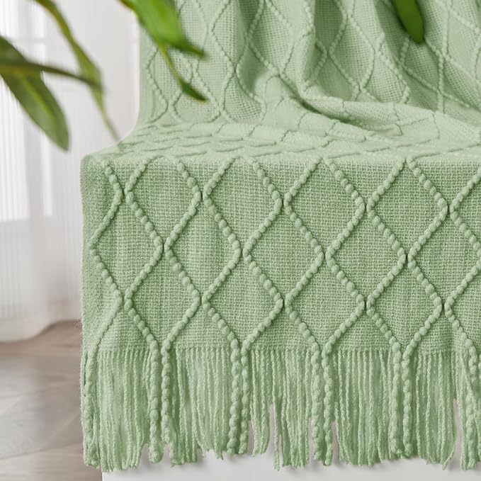 inhand Basil Green Knitted Throw Blanket for Couch and Bed, 50"x60" | Throws for Her or Him, Soft Farmhouse Woven Blanket, Tassel, Lightweight Decorative, Cozy Knit, Warm Living Room Home Decor