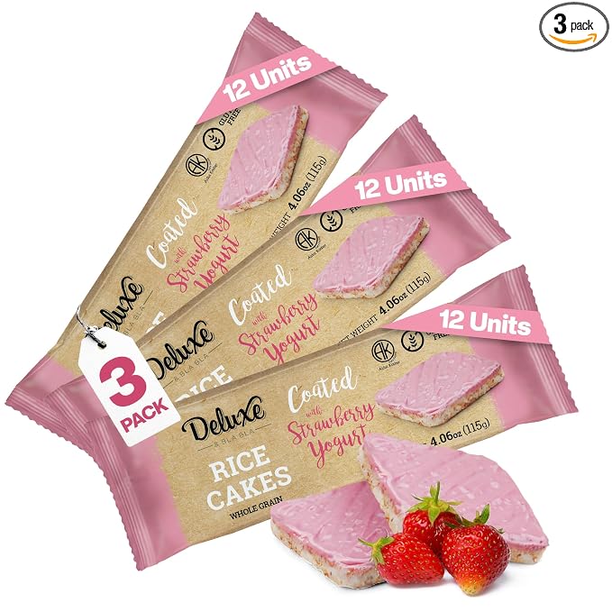 Deluxe & Bla Bla Thin and Crispy Strawberry Yogurt Chocolate Rice Cakes, Kosher Certified Dairy, Gluten Free, Nuts Free Snack Pack Of 3 (Pack of 3, Strawberry Yogurt)
