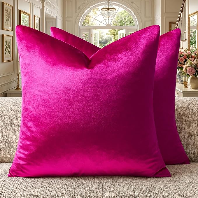 GIGIZAZA Hot Pink Velvet Pillow Covers 18x18 Decorative Pillows Pack of 2 | Throw Pillows for Couch Sofa,280gsm Soft Textured Fabric,Modern Square Pillowcases,Luxury Cushion Covers