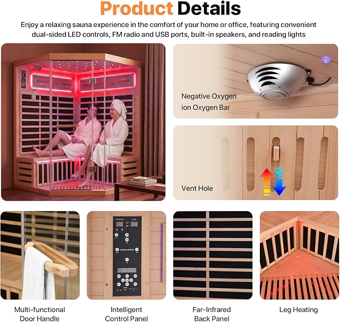 Infrared Sauna for 4-5 Person Canadian Hemlock Far Infrared Saunas Low-EMF Home Indoor Dry Saunas with Red Light Therapy 7 Color Ceiling Lights Fast Heating Easy Assembly 59 * 59 * 74.8"