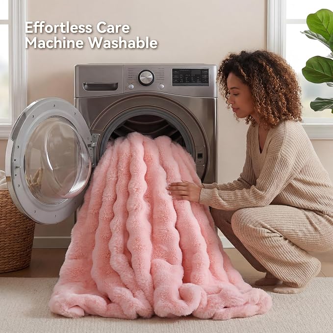 Faux Rabbit Fur Throw for Couch - Blush Pink Bubble Blanket 60"x80" | Fluffy Plush Fuzzy Throw for Sofa & Bed, Super Soft Cozy Comfrt Blanket, Luxury Aesthetic Pink Decor Gift for Women