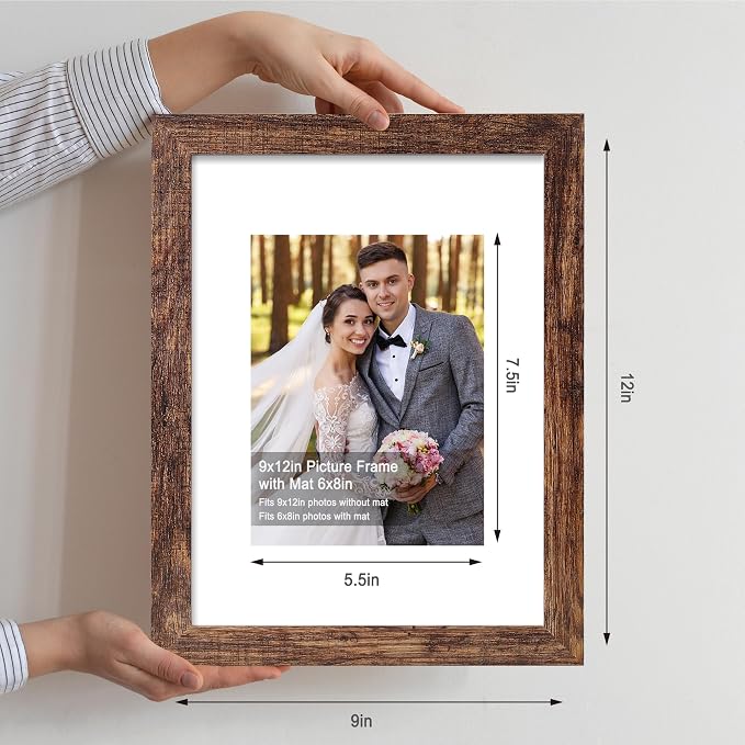 Hongkee 9x12 Picture Frame Set of 4, Made of Glass and Rustic Brown Wooden Frame - Display Picture 6x8 with Mat or 9 x 12 Without Mat, 9 by 12 Photo for Wall or Tabletop
