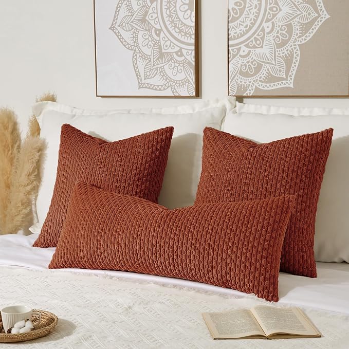 Kevin Textile Soft Corduroy 20"x54" Body Pillow Cover 1 Pack, Rust | Fall Boho Stripe Plush Corduroy Decorative Oblong Cushion Cover Modern Farmhouse Home Decor for Sofa Couch Bed Chair